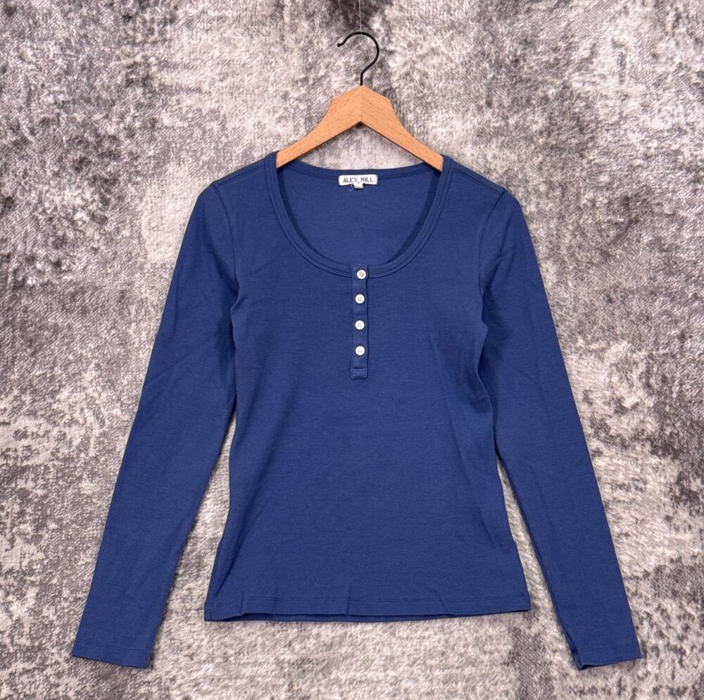 Alex Mill Everyday Ribbed Henley Shirt Medium Womens Blue Long Sleeve